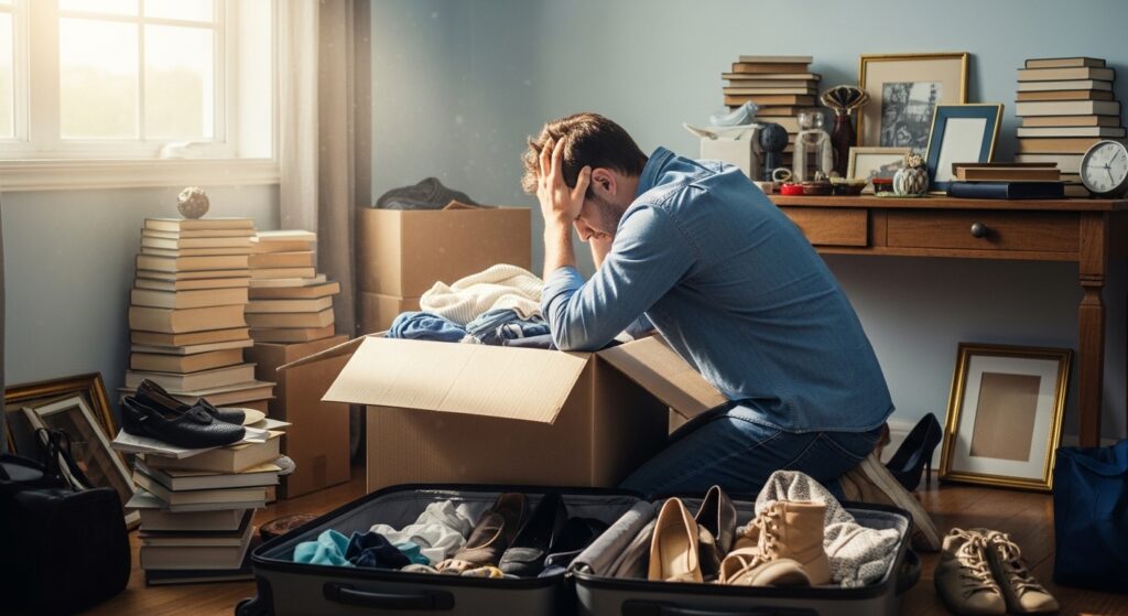 掃除をする前に、物を片付ける作業に疲れている男性