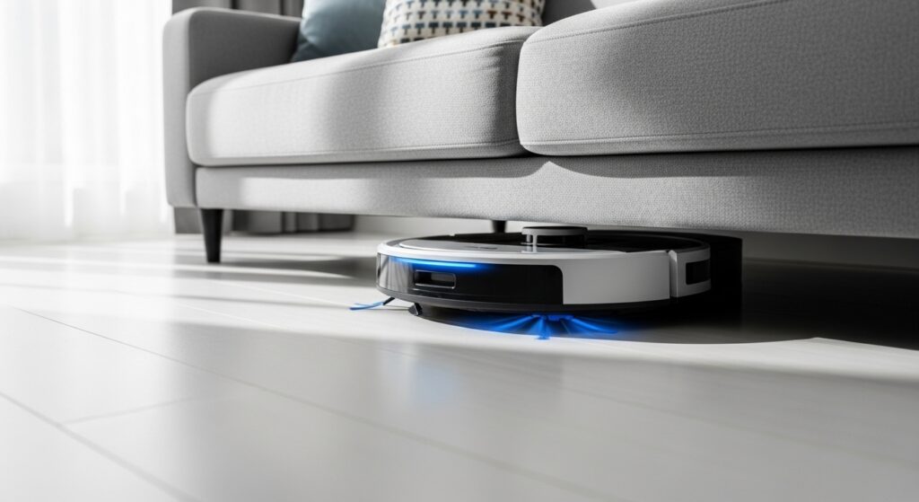 ロボット掃除機がソファの下を進む様子