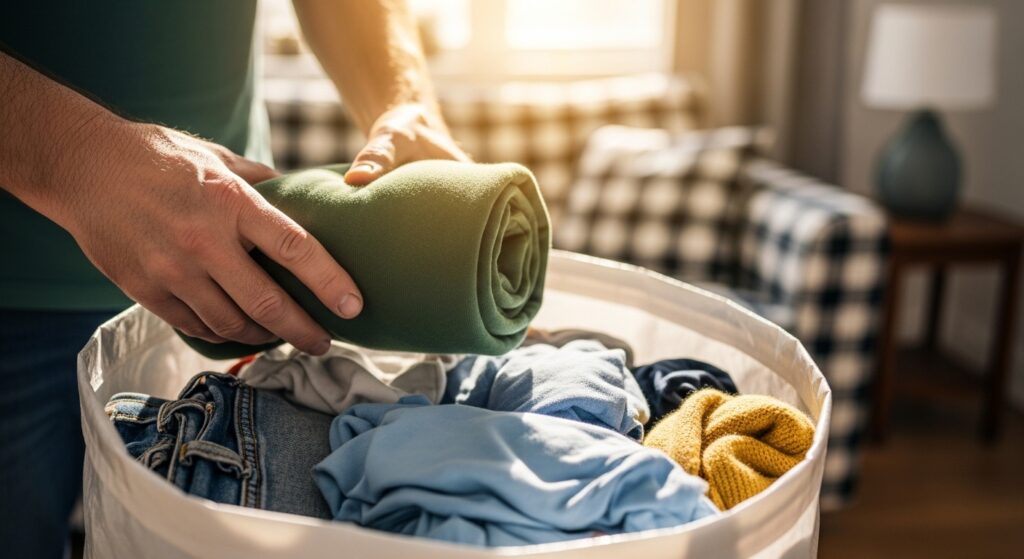 ミニマリズムを意識して、使わない洋服をまとめる様子