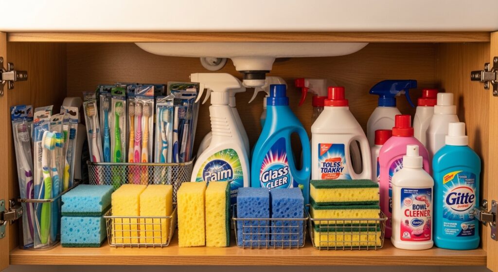 洗面台下にある買いだめした大量のストック品