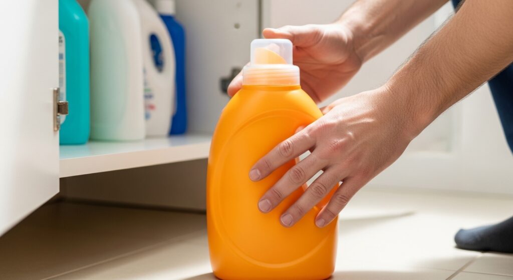 ストックした洗剤を取り出す様子