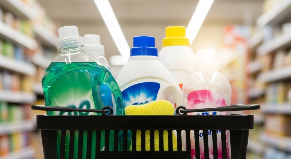 スーパーマーケットで洗剤を買いだめをする様子