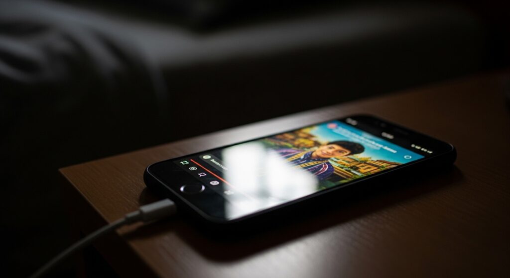 枕元に置かれたスマートフォンに映る動画