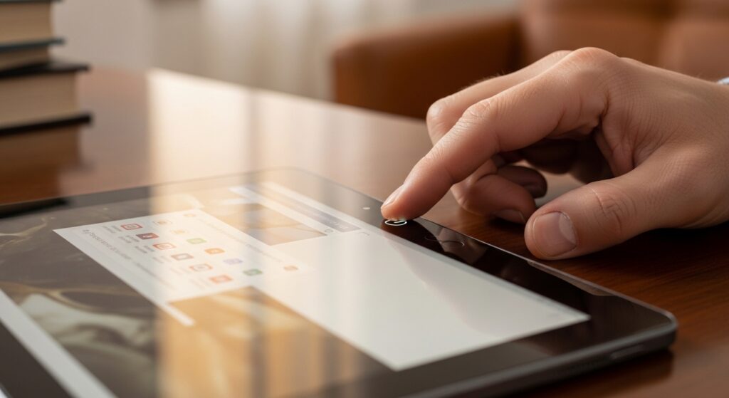 タブレットの電源ボタンを押して動画を閉じる様子