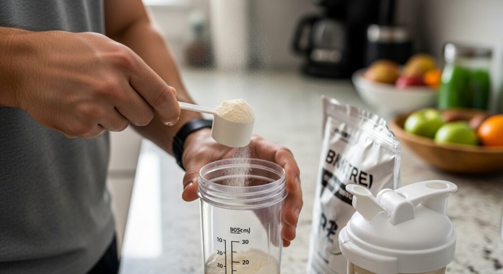 プロテインをシェイカーに入れる様子