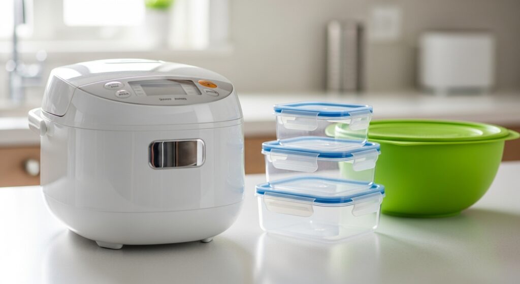 ミニマリストが手放す炊飯器と食材をいれるタッパ。