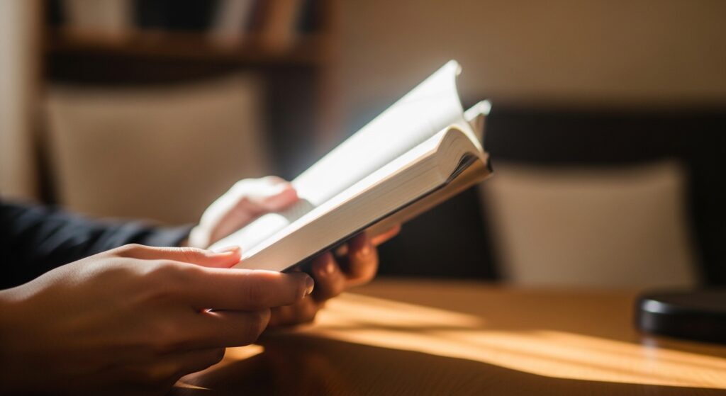 キッチン断捨離で生まれた時間で本を読み勉強する様子