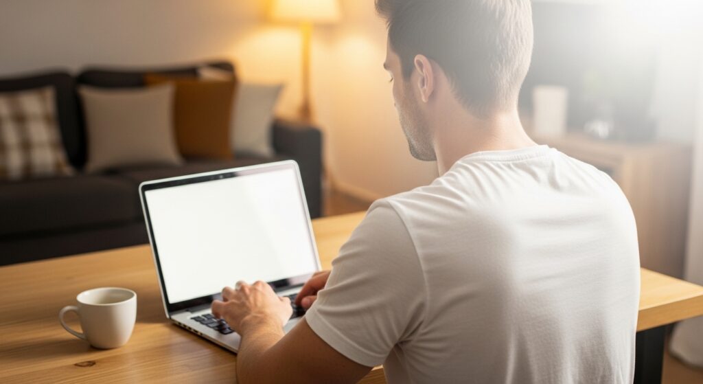 私服の制服化で生まれた朝の自由時間にPCで勉強する男性