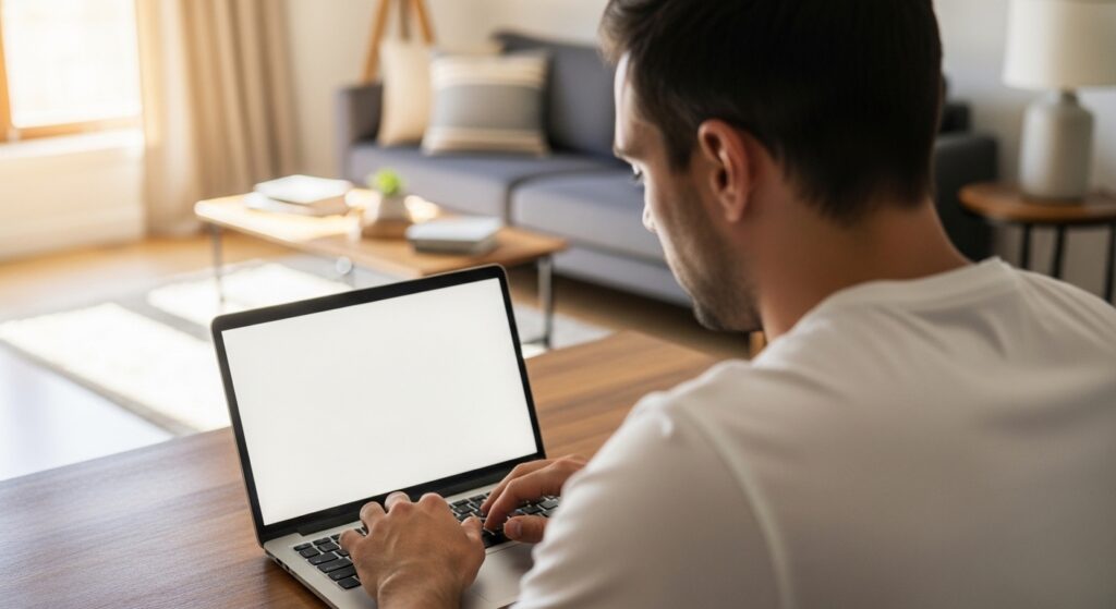 スキンケア用品を断捨離して生まれた時間でPCを開き勉強する男性