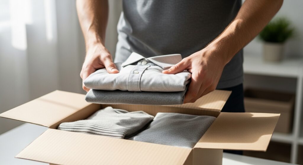 私服を制服化するため、いらない服を段ボールにしまう様子