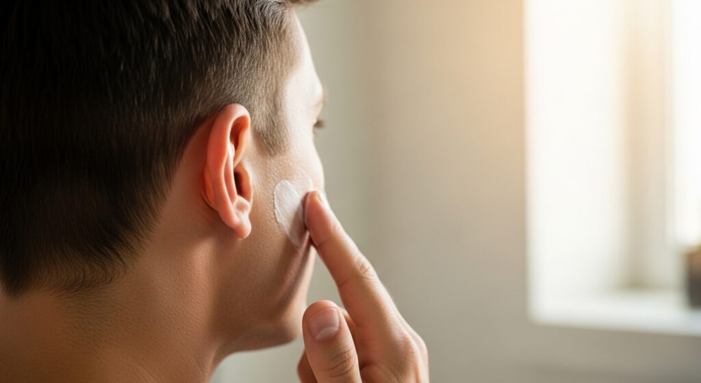 朝のスキンケアで頬に乳液を塗る男性