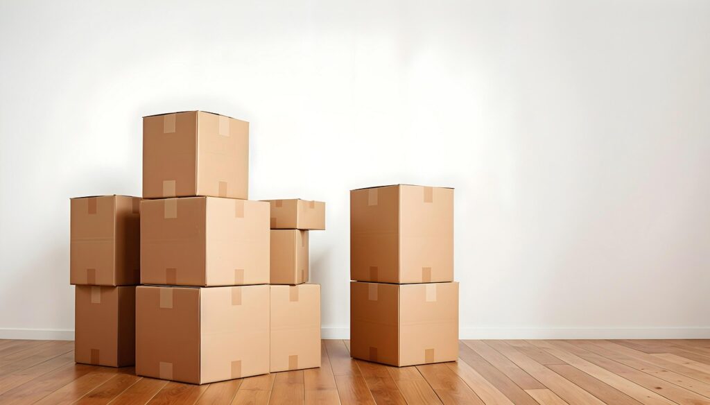 引っ越し準備で積み上がった大量の荷物