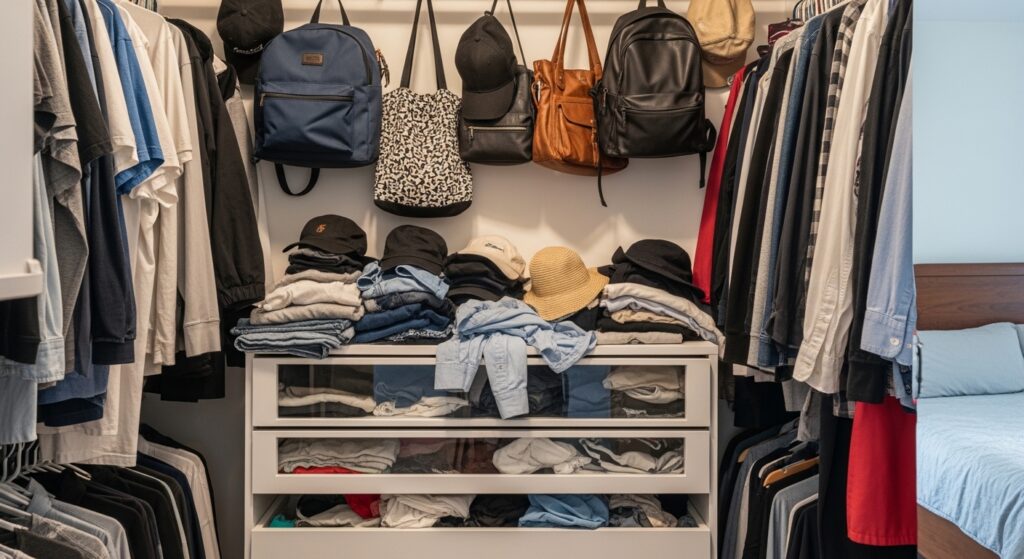 クローゼットからあふれそうな大量の服とカバン