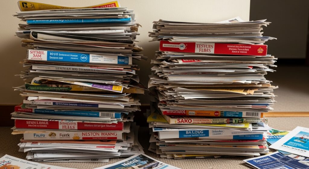 部屋に溜まってしまったたくさんのパンフレットと紙の書類