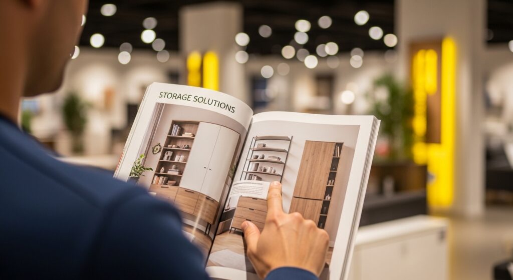 カタログを見て収納棚の購入を検討している様子
