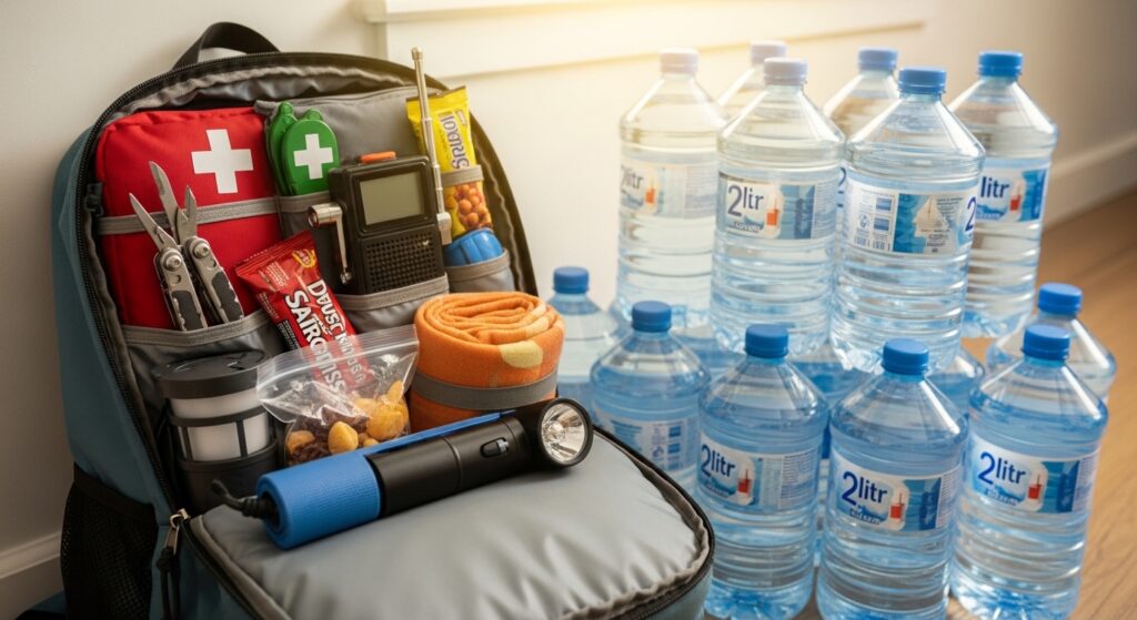 部屋にある防災セットが入ったリュックと大量のペットボトル