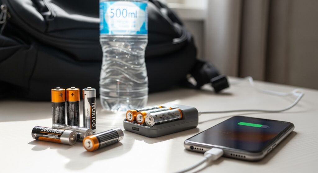 災害の備えとして、乾電池式の充電器でスマートフォンを充電する様子