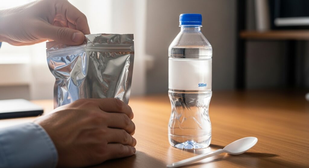 災害時のことを想像して、非常食を食べる様子