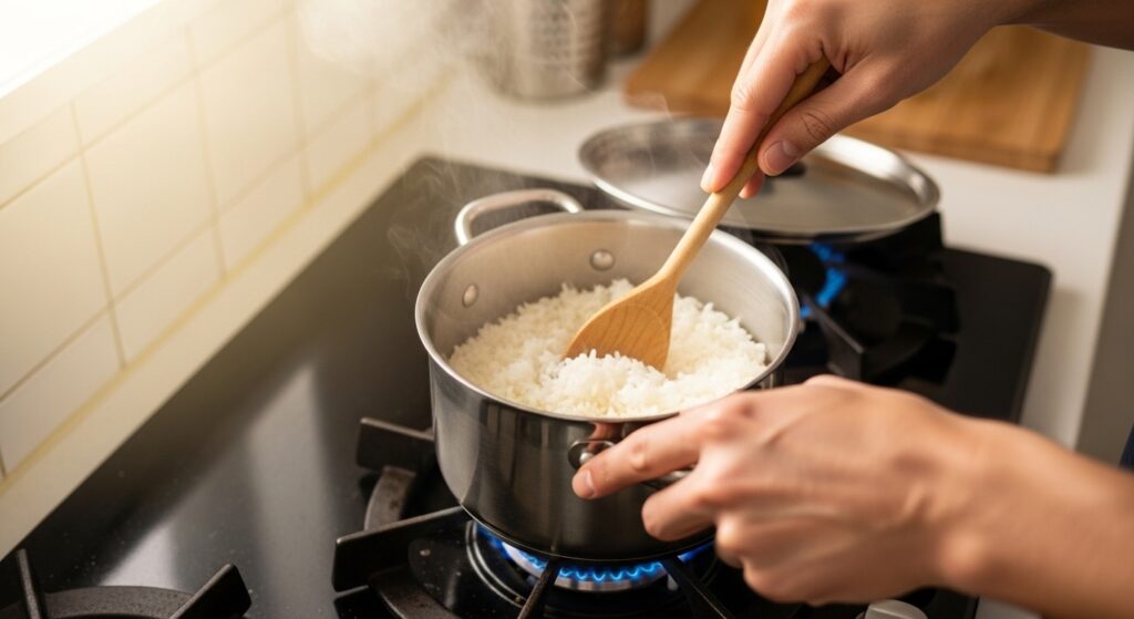 災害の備えとして、炊飯器ではなく20cm鍋でご飯を炊く様子