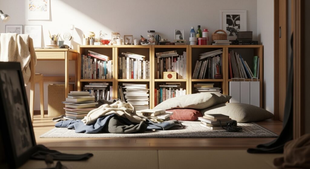 部屋の収納棚に入りきらない、物であふれたリビング