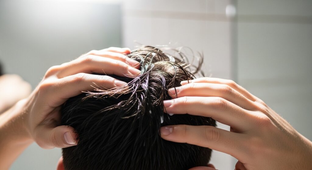 男性が髪にヘアミルクを塗る様子