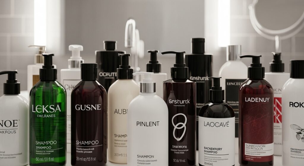 買いすぎたヘアケア用品が並ぶバスルーム