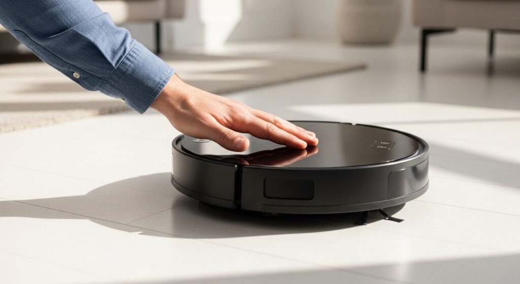 愛着があるロボット掃除機を手でなでる様子