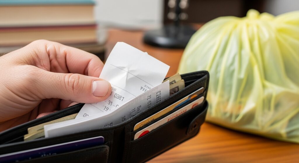 財布から不要なレシートを取り出す様子