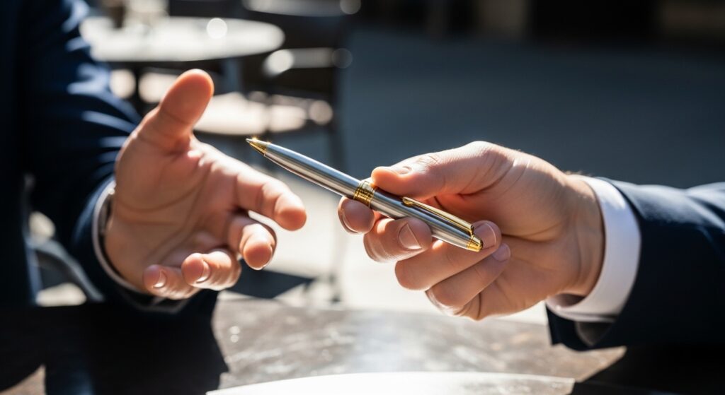 捨てられなかった使わない高価なペンを友人へ譲る様子