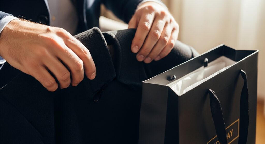 捨てられない高価なコートを袋にしまう様子