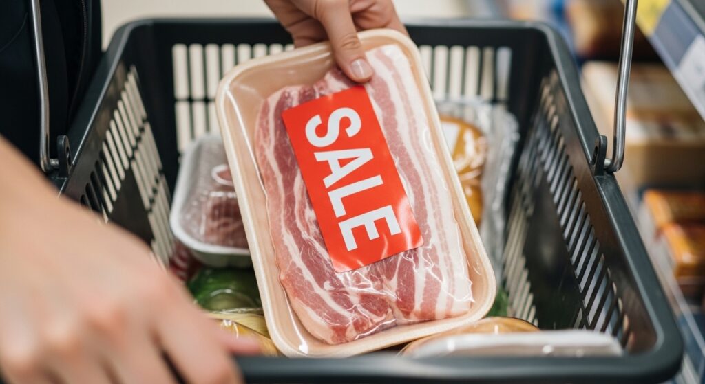 セール品のお肉をかごに入れる様子
