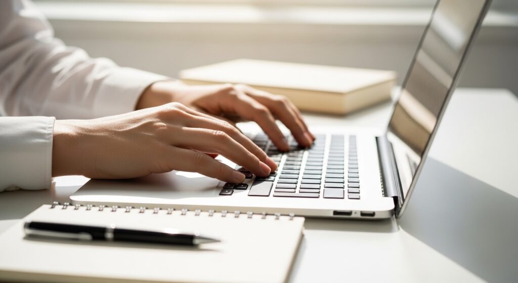 血糖値が安定したことでノートPCで集中してブログを執筆する様子