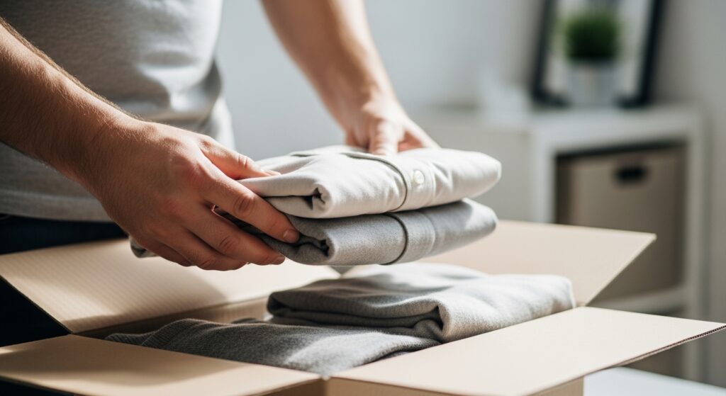 引っ越しのために衣類を段ボールにしまう様子