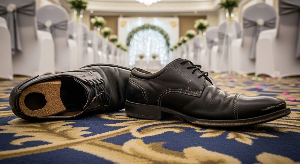 式場に置かれた壊れた革靴
