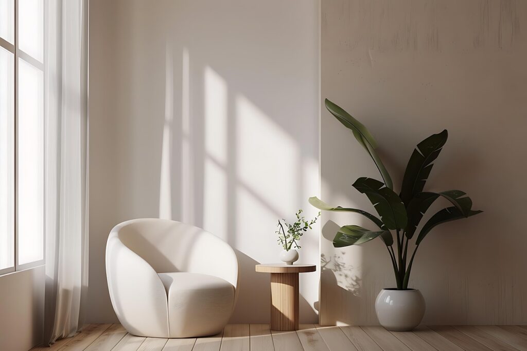 ミニマリストらしい物が少ないシンプルな白い部屋