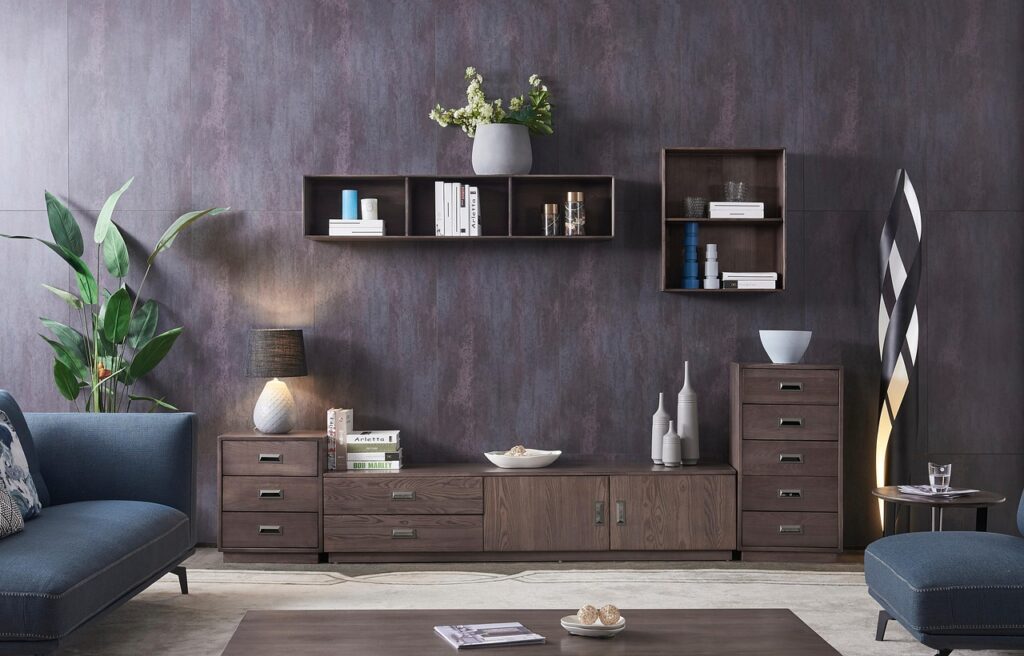 広い部屋に置かれたおしゃれな収納棚